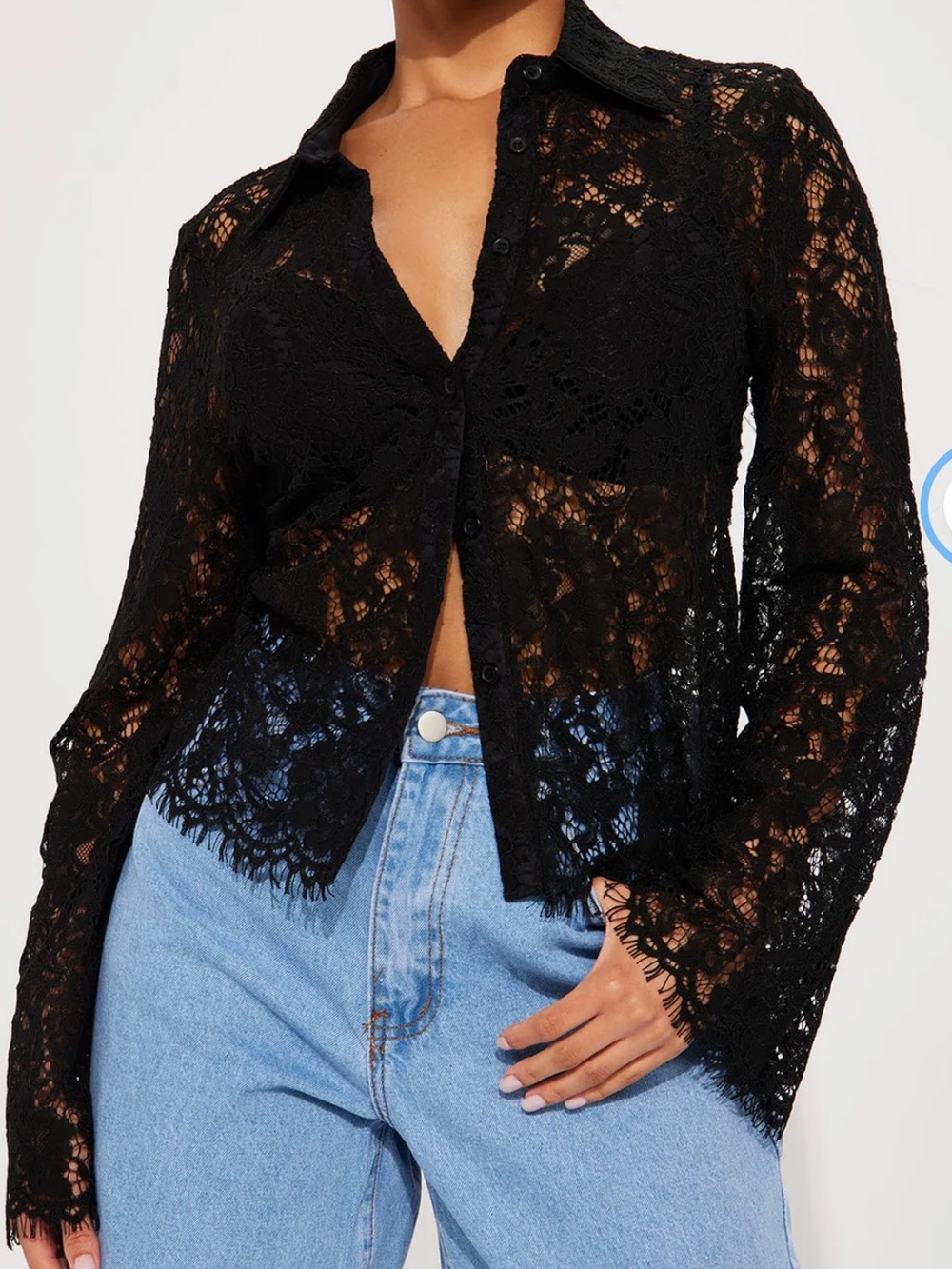 Fashion Nova Black Sheer Lace Button-Up Blouse